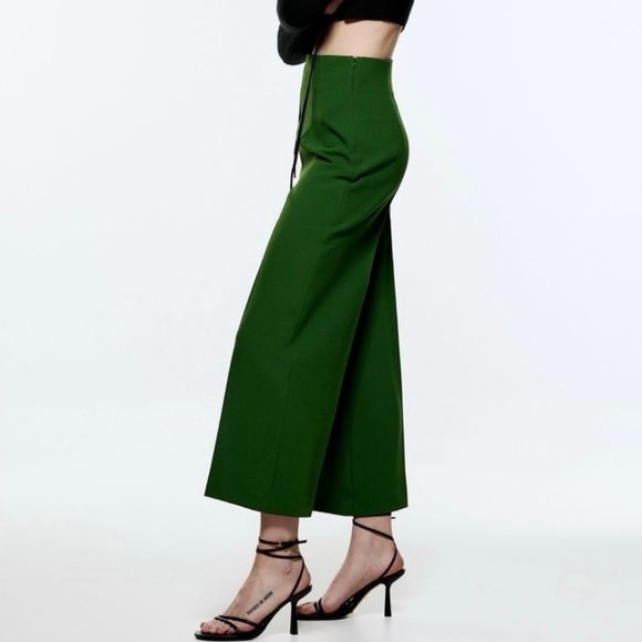 Zara High Waist Wide Leg Culottes Small Green Womens High Rise Cropped Pants - Picture 3 of 8